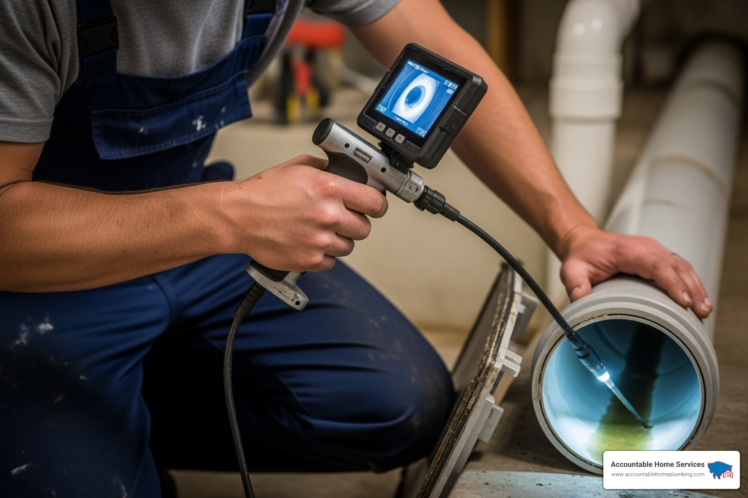 plumber using a camera inspection tool in a drain - Thornton plumbing services