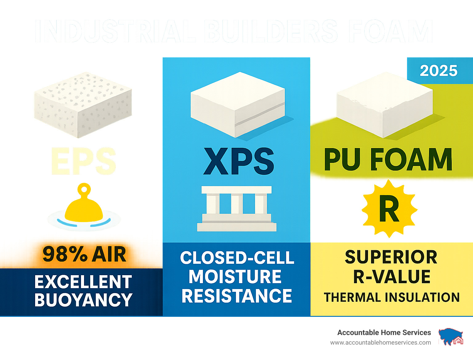 Comparison chart showing EPS at 98% air composition with excellent buoyancy, XPS with closed-cell moisture resistance for foundations, and PU foam with superior R-value for thermal insulation applications - industrial builders foam infographic 