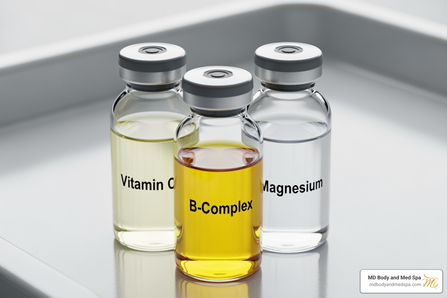 common IV drip ingredients like vials of Vitamin C, B-Complex, and Magnesium - hangover clinic near me