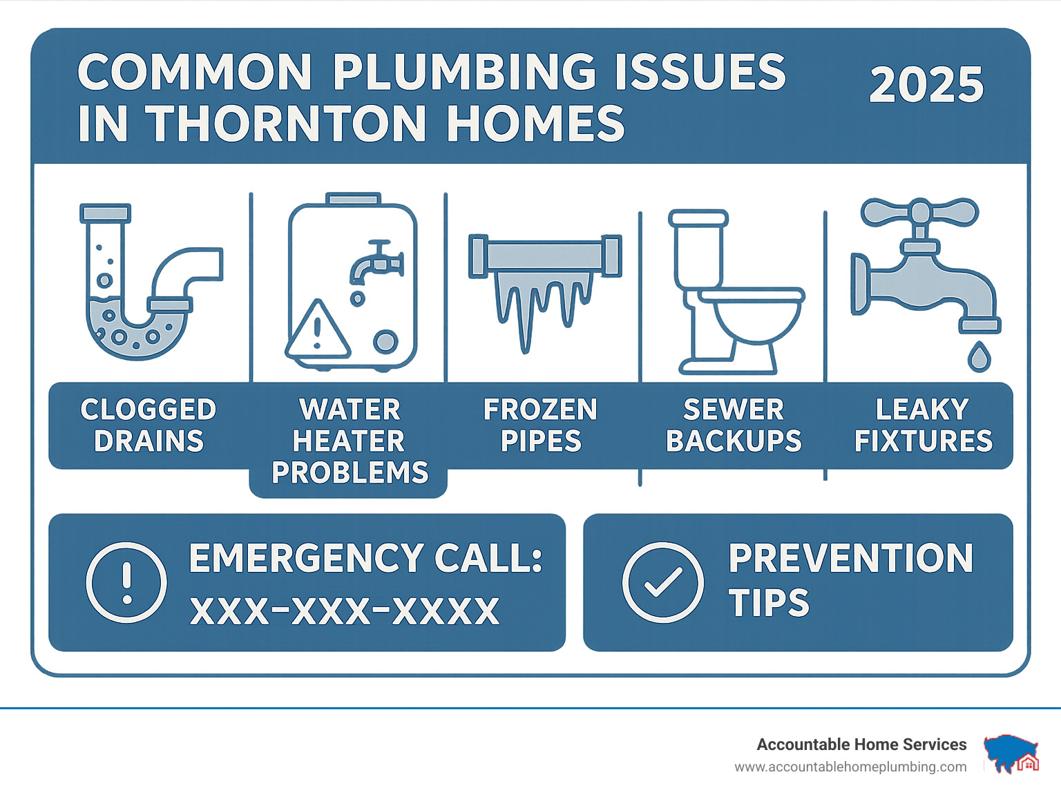 Infographic showing common plumbing issues in Thornton homes including clogged drains, water heater problems, frozen pipes, sewer backups, and leaky fixtures with emergency contact information and prevention tips - Thornton plumbing services infographic 