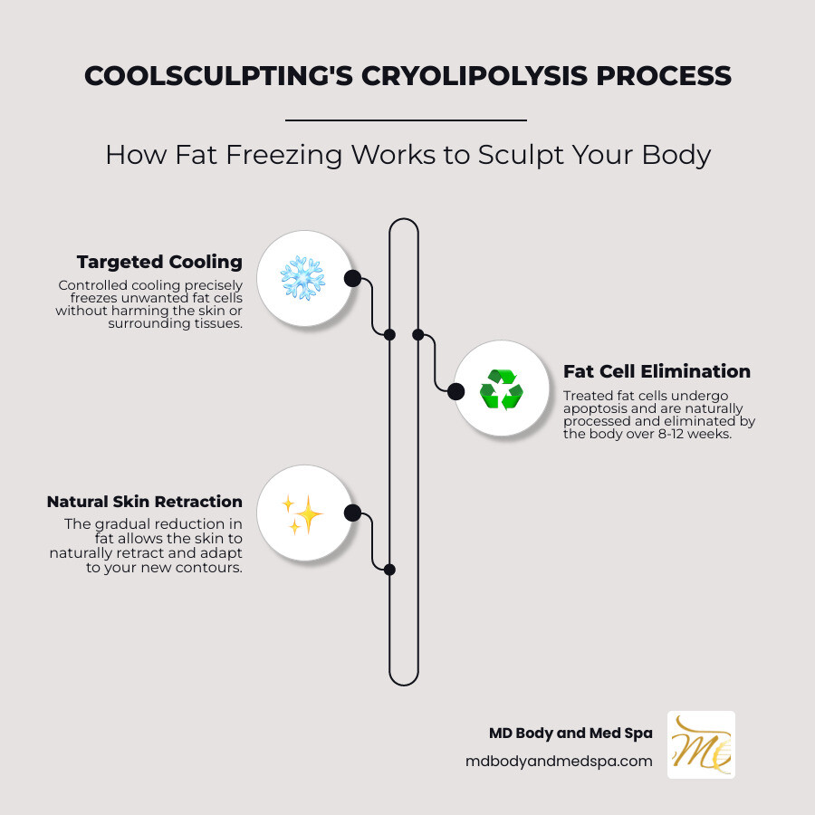 Infographic showing CoolSculpting's cryolipolysis process: controlled cooling targets fat cells at specific temperatures while preserving skin and surrounding tissue, followed by gradual fat cell elimination over 8-12 weeks with natural skin retraction - coolsculpting excess skin infographic infographic-line-3-steps-neat_beige