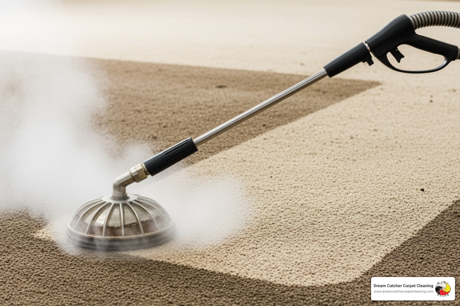 Image of a truck-mounted steam cleaning wand in action on a dirty carpet - Carpet cleaning in Thornton