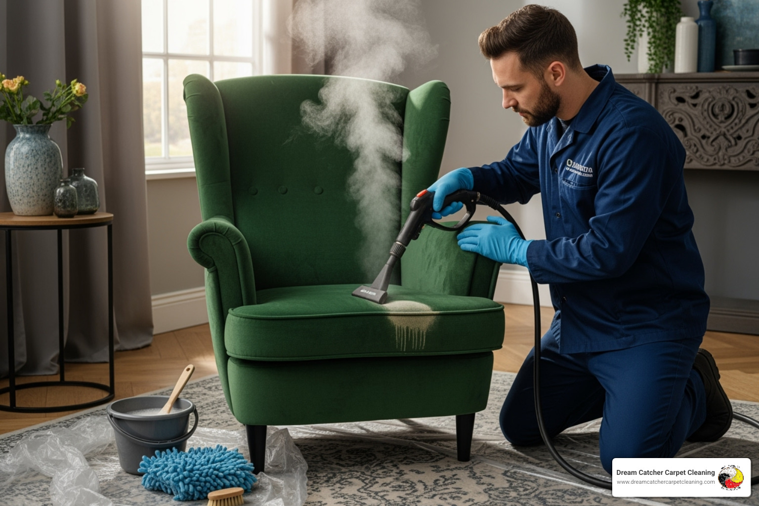 Image of a technician professionally cleaning an upholstered armchair - Carpet cleaning in Thornton