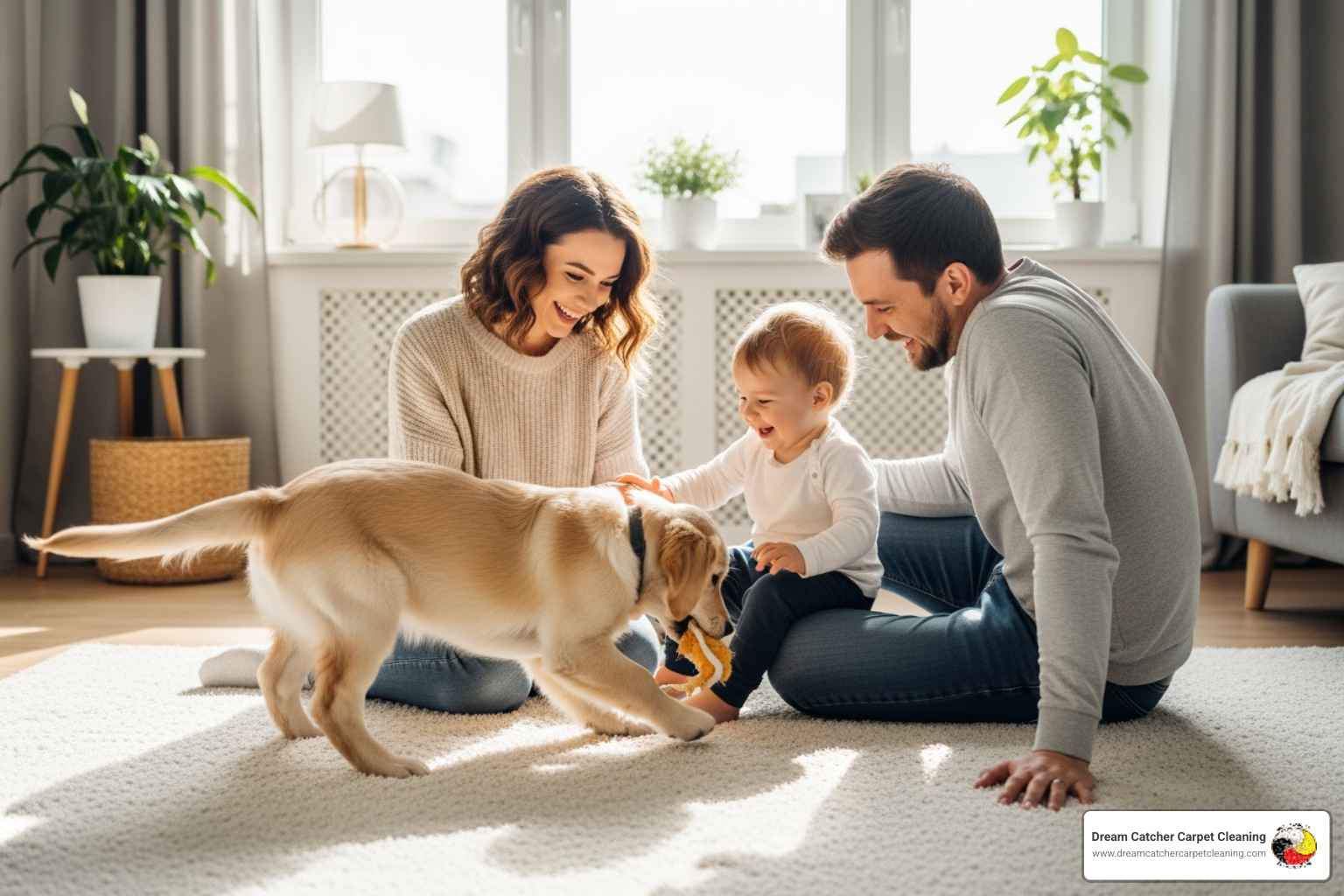 Image of a happy family with a pet playing on a pristine carpet - Carpet cleaning in Thornton