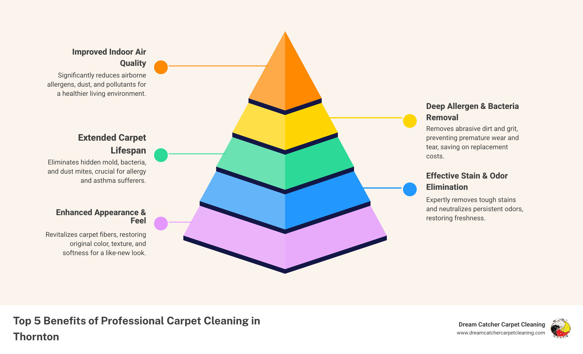 Infographic showing the top 5 benefits of professional carpet cleaning including allergen removal, improved air quality, extended carpet life, stain removal, and elimination of bacteria and odors with statistics on health improvements and cost savings - Carpet cleaning in Thornton infographic pyramid-hierarchy-5-steps