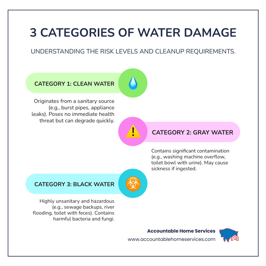 Infographic showing the 3 categories of water damage: Clean Water (Category 1), Gray Water (Category 2), and Black Water (Category 3) - Denver water damage repair infographic infographic-line-3-steps-colors