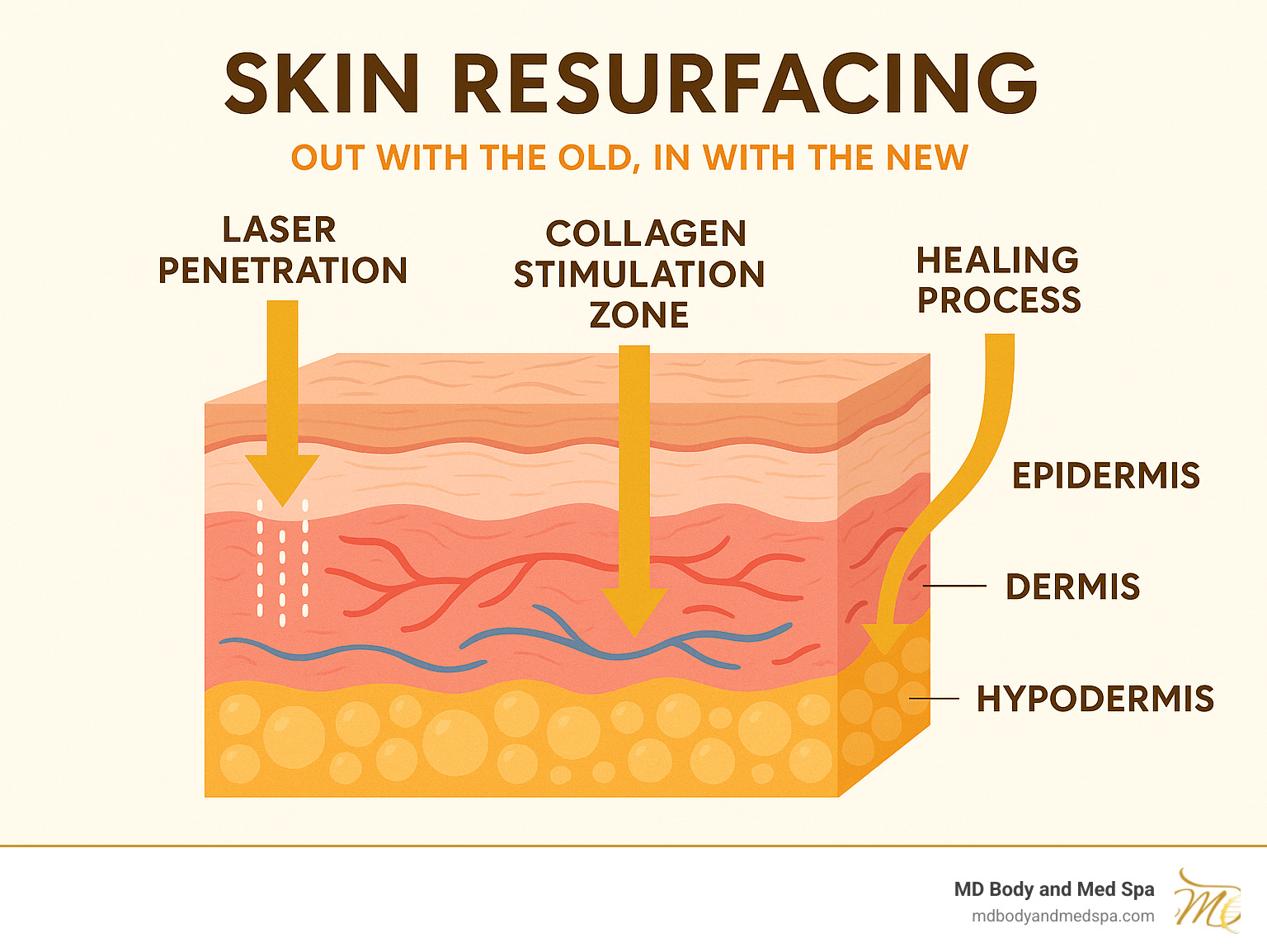 Detailed infographic showing the three layers of skin (epidermis, dermis, and hypodermis) with arrows indicating how different resurfacing treatments target specific depths, including laser penetration patterns, collagen stimulation zones, and the healing process timeline - skin resurfacing infographic 
