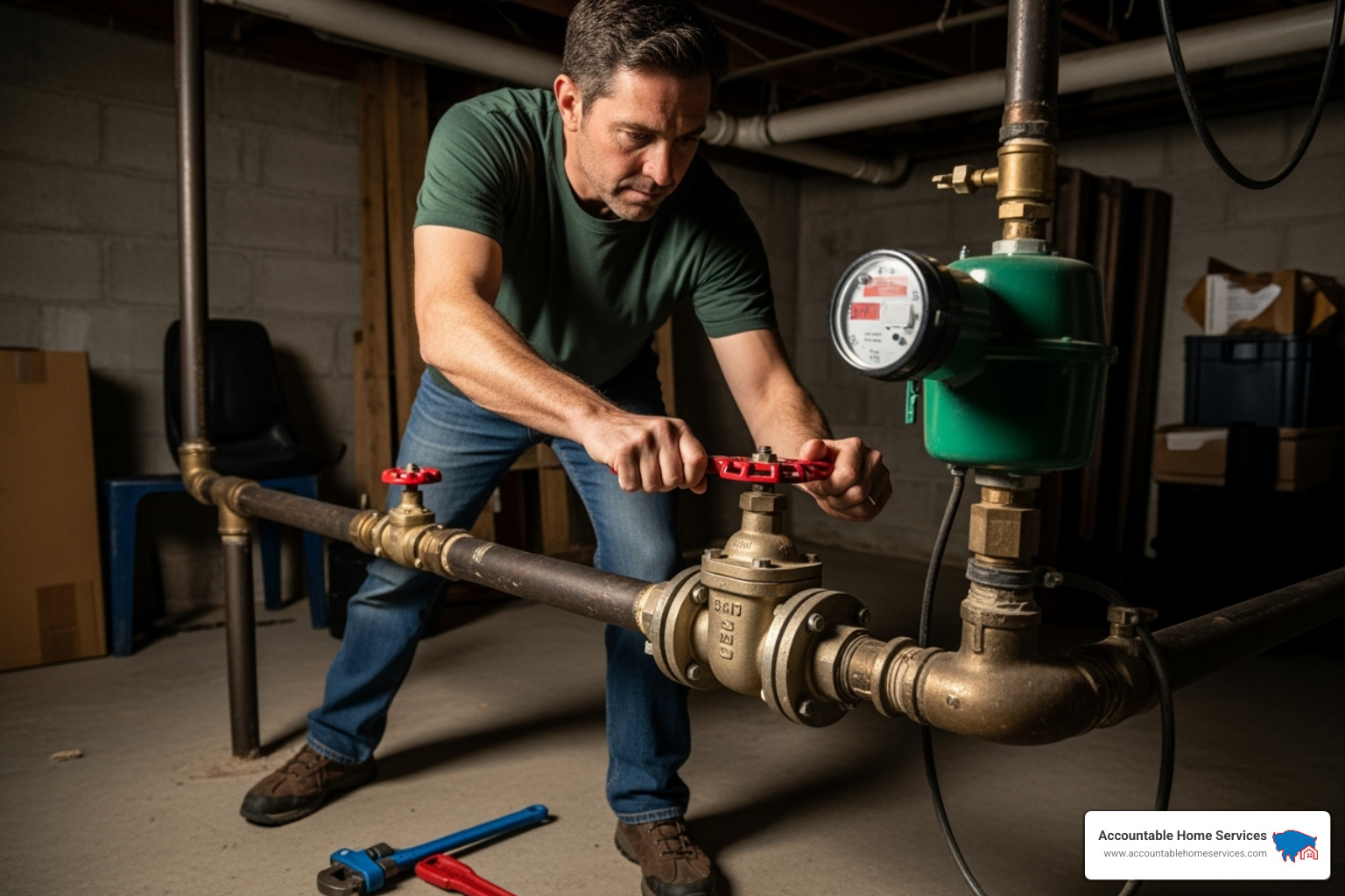 of a homeowner shutting off a main water valve - Denver water damage repair