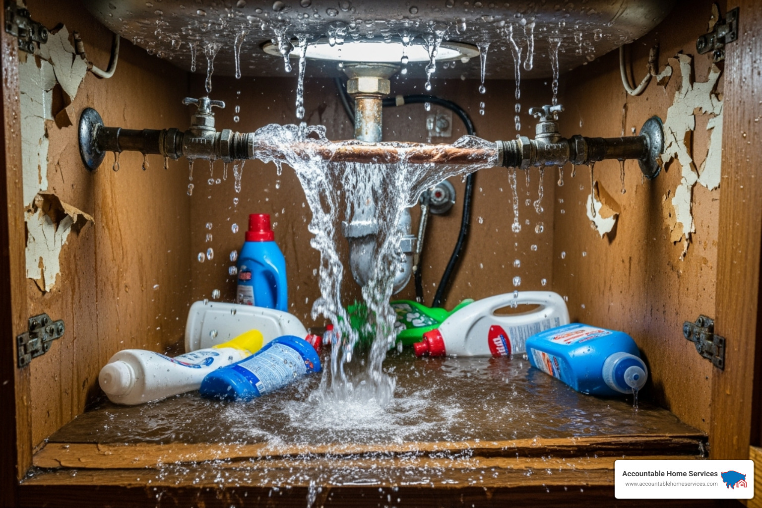 of a burst pipe under a kitchen sink - Denver water damage repair