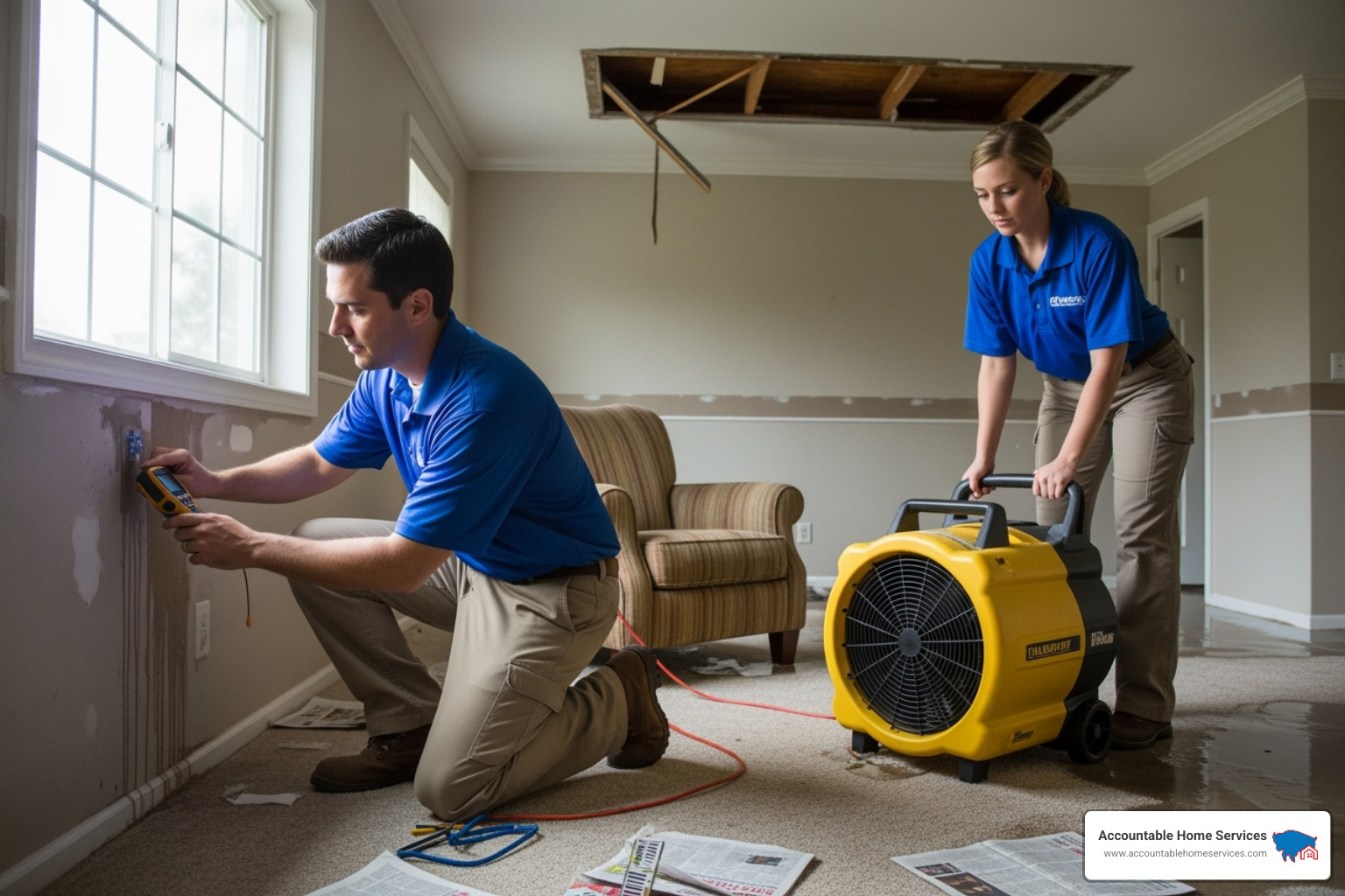 of restoration technicians using moisture meters and large air movers - Denver water damage repair