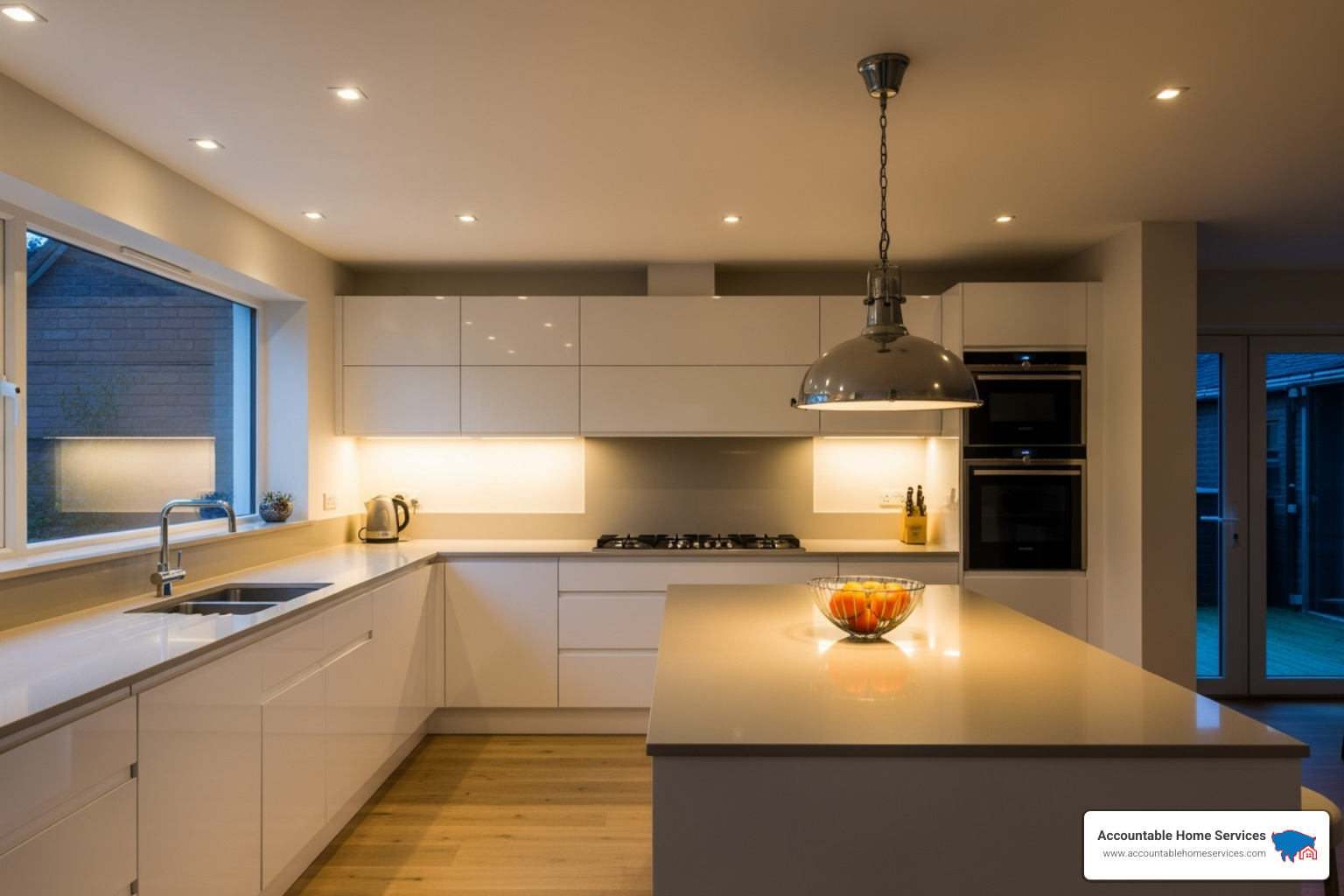 Kitchen with layered lighting, including LED recessed lights, under-cabinet strips, and a pendant light over an island - energy efficient kitchen remodel