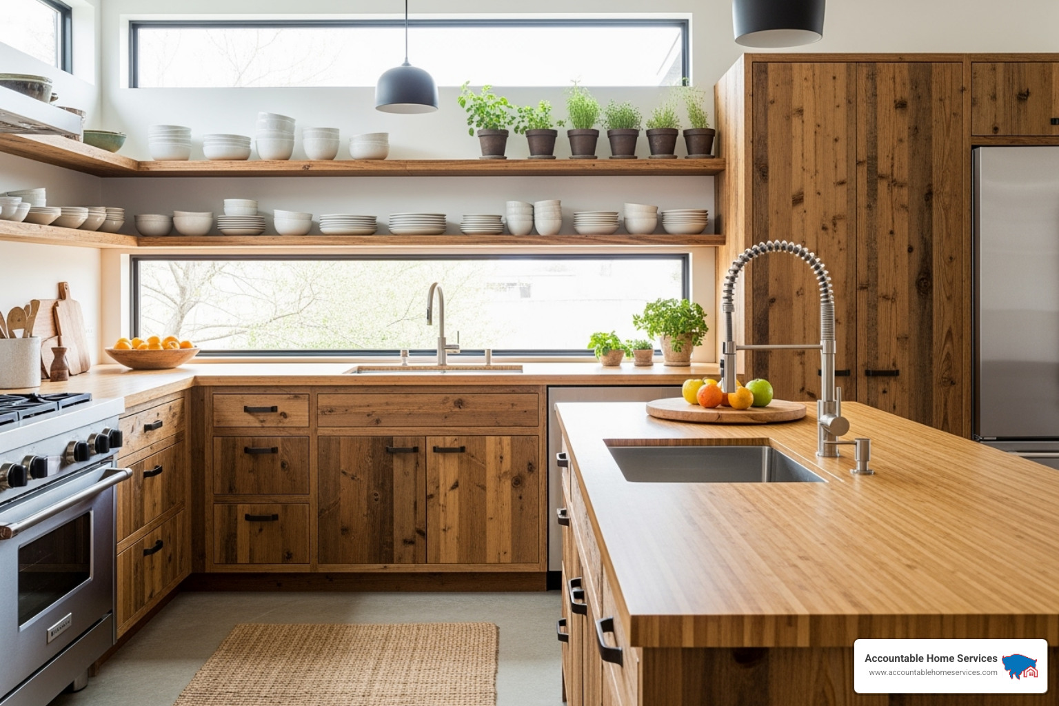 Sustainable kitchen materials, like a bamboo countertop, reclaimed wood cabinets, and a low-flow faucet - energy efficient kitchen remodel