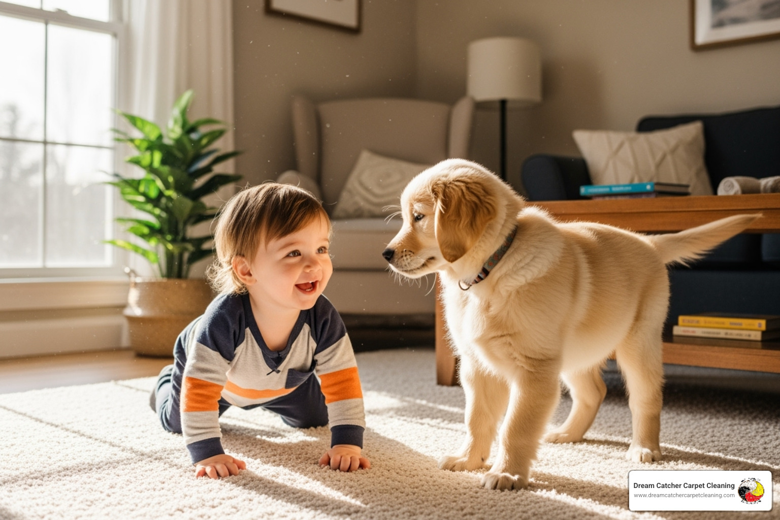 child and pet playing on clean carpet - Thornton carpet cleaning specialists