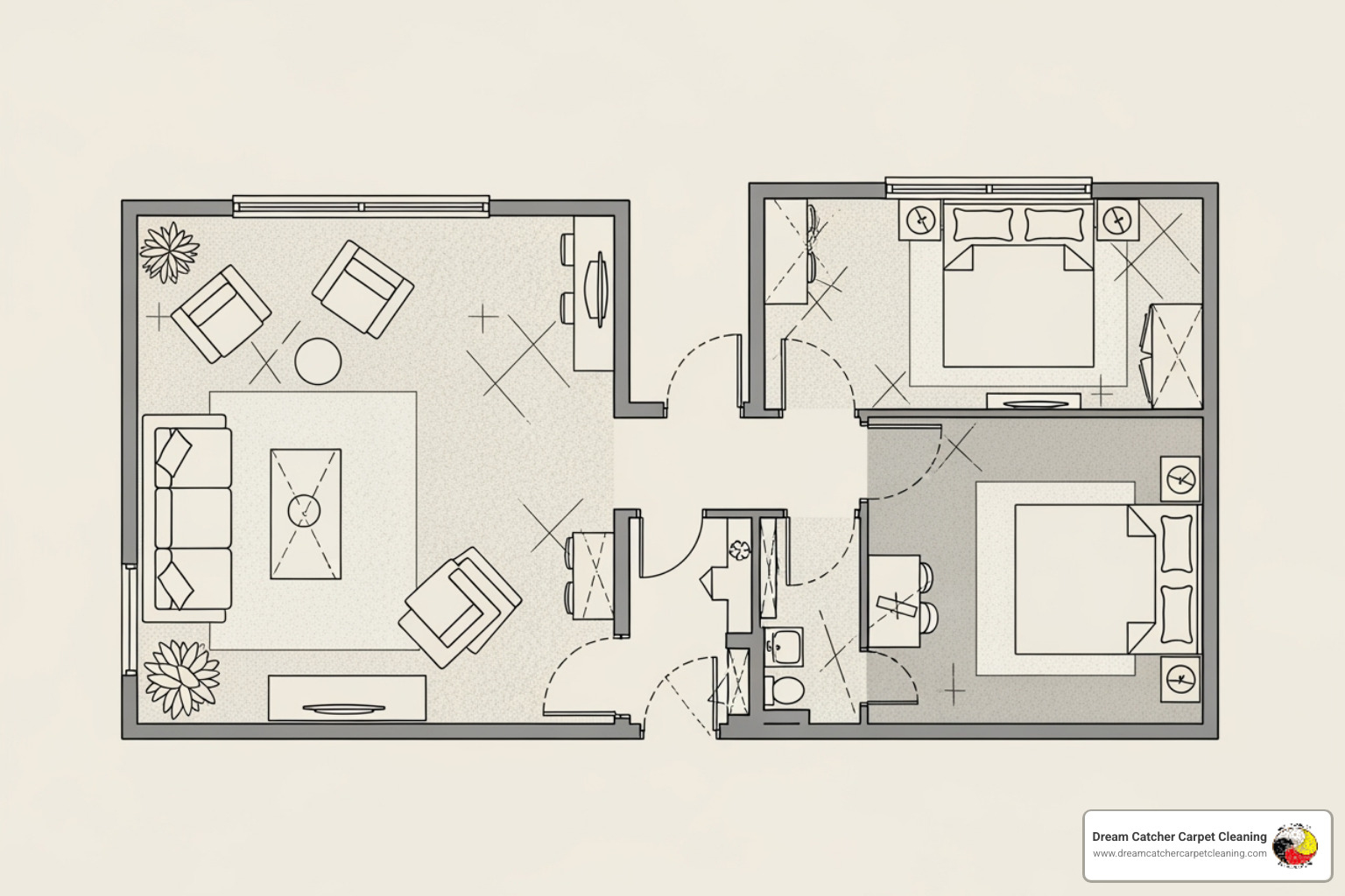 A floor plan highlighting two rooms and a hallway, indicating areas for carpet cleaning - Carpet cleaning package deals