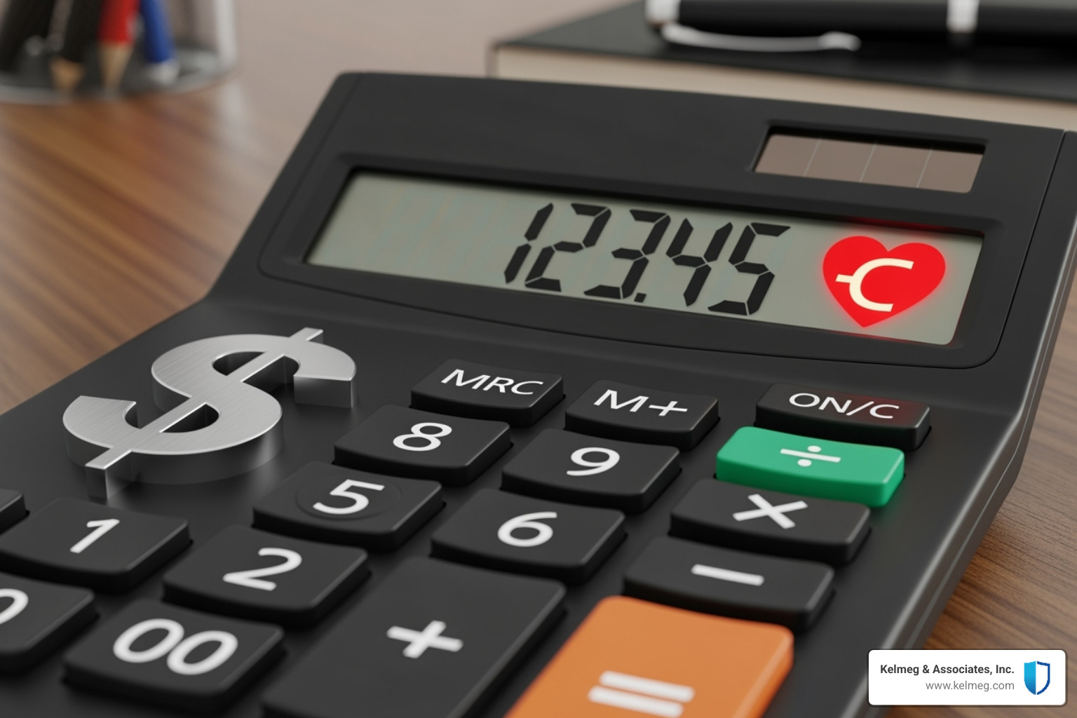 A calculator with a dollar sign and a heart symbol, representing health subsidies - affordable health plans