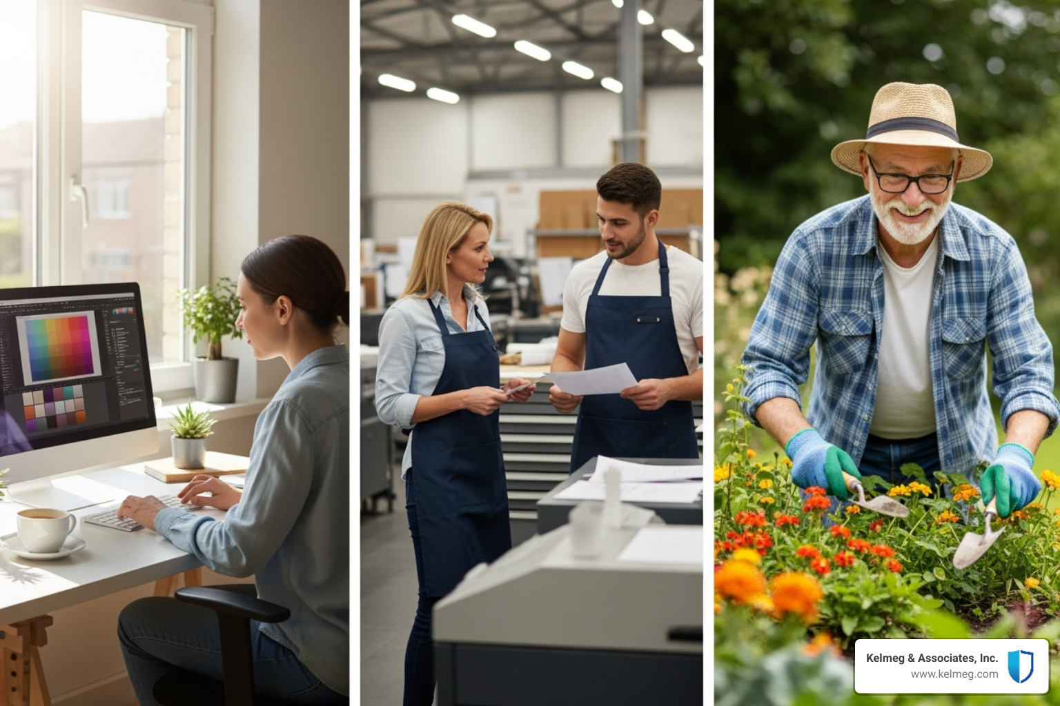 A self-employed person at a home office, a small business owner with an employee, and a senior citizen, representing different user groups - affordable health plans