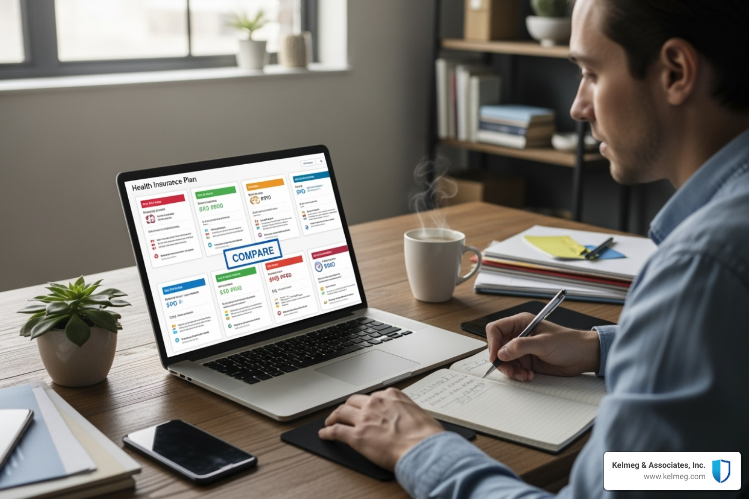 A person using a laptop to compare different health plan cards on the screen - affordable health plans