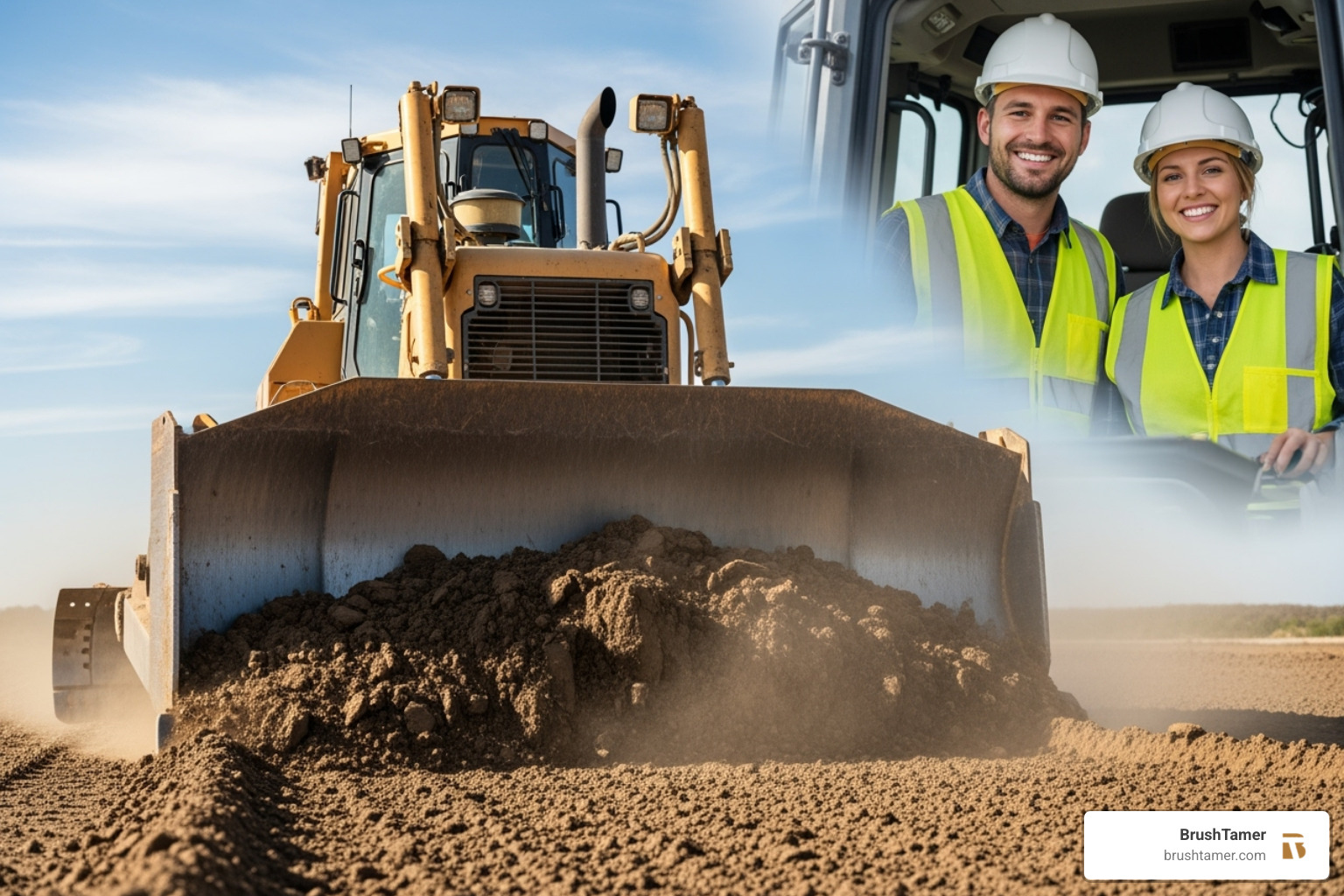 a bulldozer grading a plot of land, with a male and female operator smiling in the background - cost to clear and level 1 acre of land a bulldozer grading a plot of land, with a male and female operator smiling in the background - cost to clear and level 1 acre of land