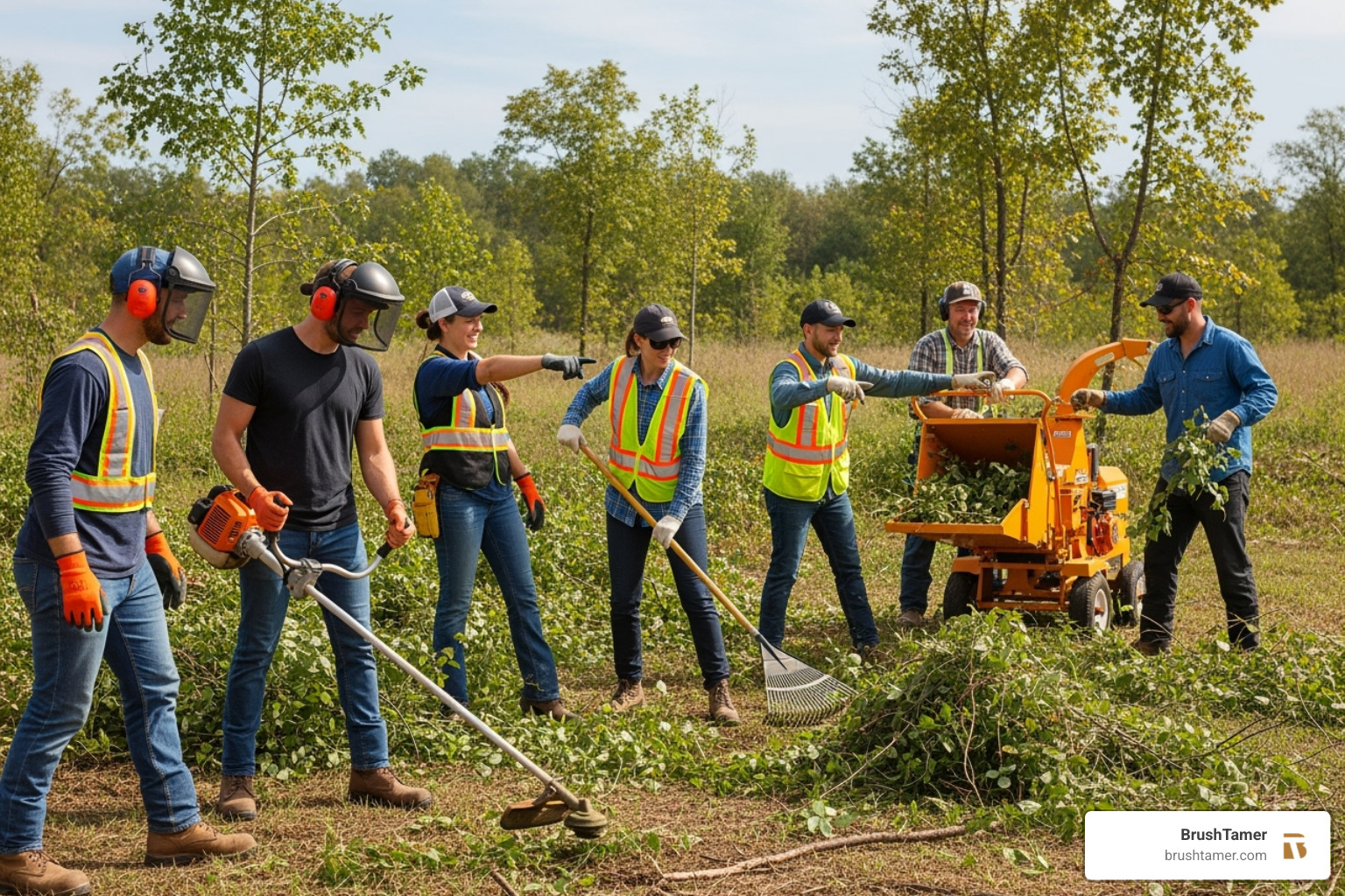 a lightly wooded lot with small trees and brush, featuring a diverse team of workers (male and female) using light equipment with a positive attitude - cost to clear and level 1 acre of land a lightly wooded lot with small trees and brush, featuring a diverse team of workers (male and female) using light equipment with a positive attitude - cost to clear and level 1 acre of land