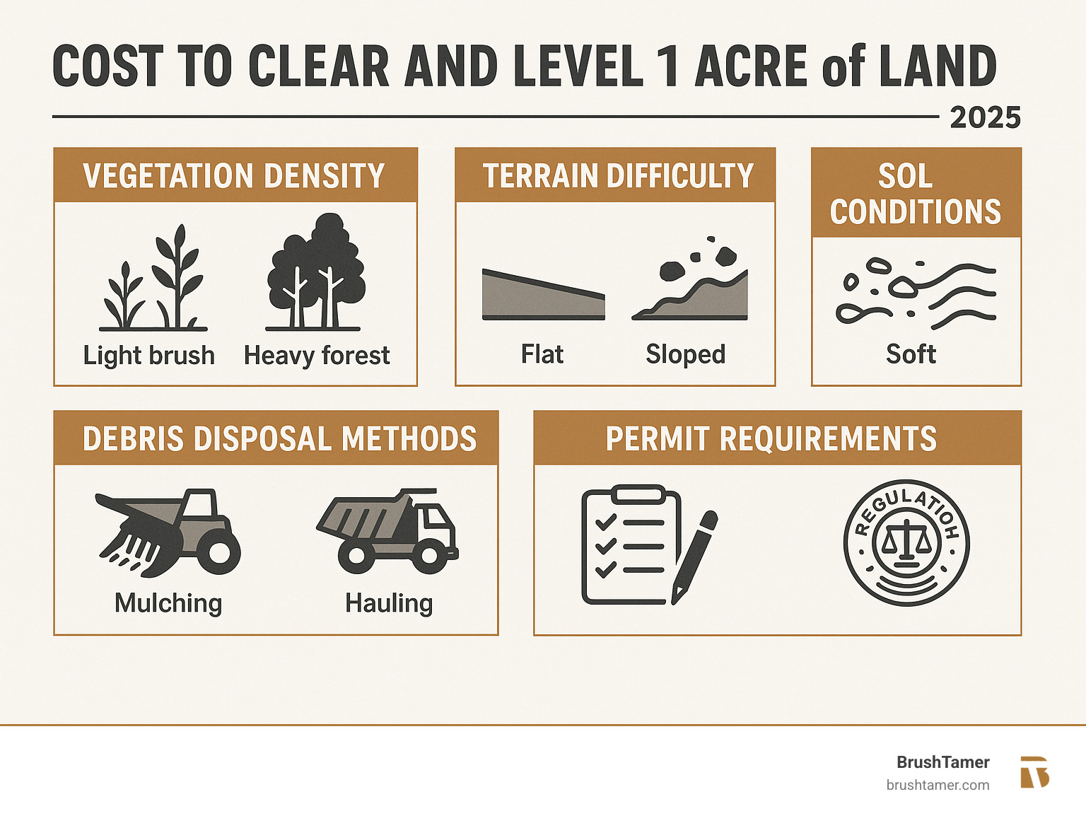 Detailed infographic showing the top 5 factors that influence land clearing and leveling costs: vegetation density with icons of light brush versus heavy forest, terrain difficulty showing flat versus sloped land, soil conditions depicting rocky versus soft soil, debris disposal methods comparing mulching versus hauling, and permit requirements with regulatory symbols - cost to clear and level 1 acre of land infographic  Detailed infographic showing the top 5 factors that influence land clearing and leveling costs: vegetation density with icons of light brush versus heavy forest, terrain difficulty showing flat versus sloped land, soil conditions depicting rocky versus soft soil, debris disposal methods comparing mulching versus hauling, and permit requirements with regulatory symbols - cost to clear and level 1 acre of land infographic