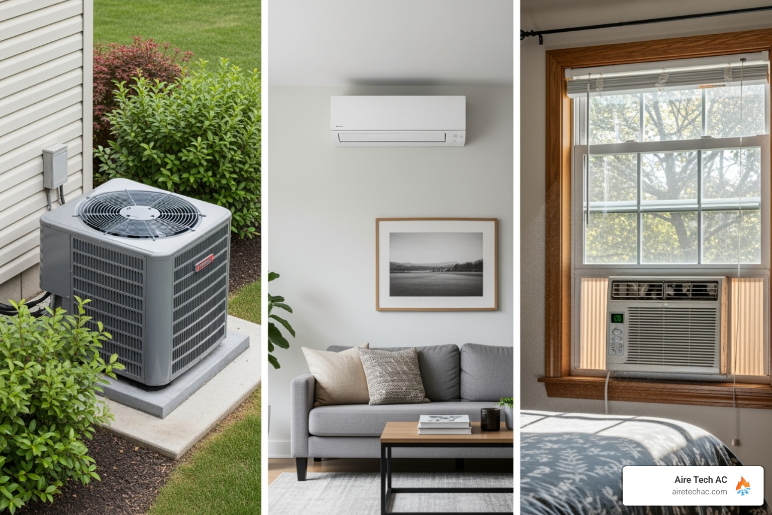 split-screen of a central AC unit, a ductless mini-split, and a window unit - air conditioning system split-screen of a central AC unit, a ductless mini-split, and a window unit - air conditioning system