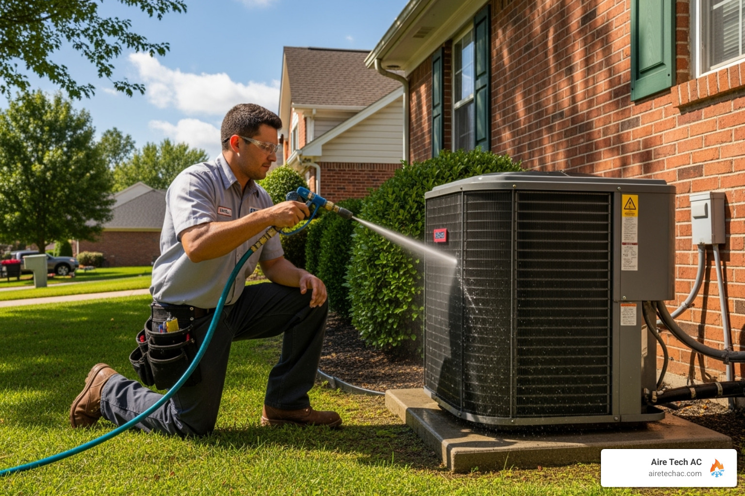 HVAC technician cleaning an outdoor condenser coil - air conditioning system HVAC technician cleaning an outdoor condenser coil - air conditioning system