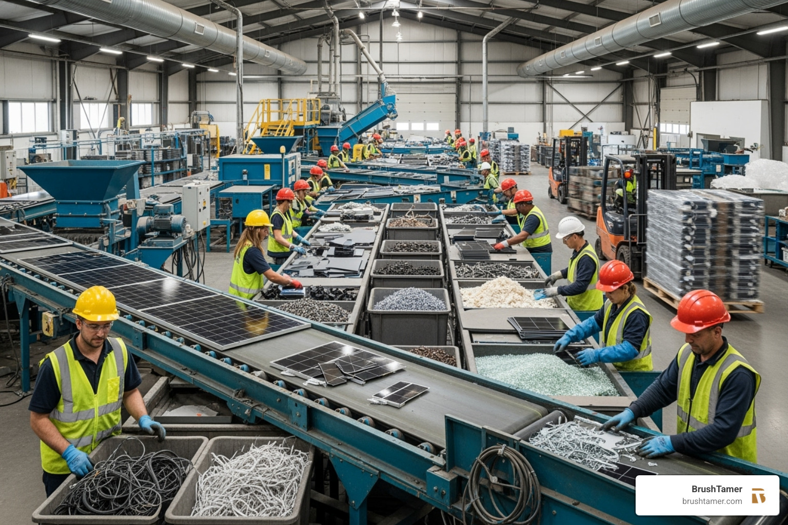 A busy solar panel recycling facility with male and female workers sorting materials - solar energy sustainable development