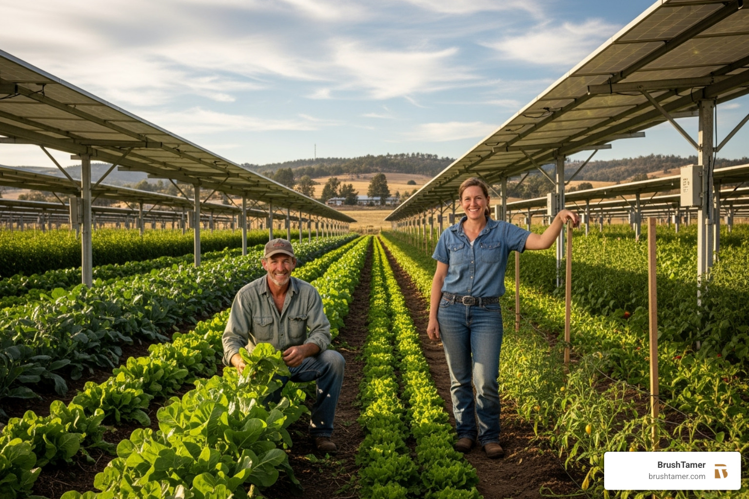 A smiling male and female farmer tending crops under solar panels in an agrivoltaics project - solar energy sustainable development