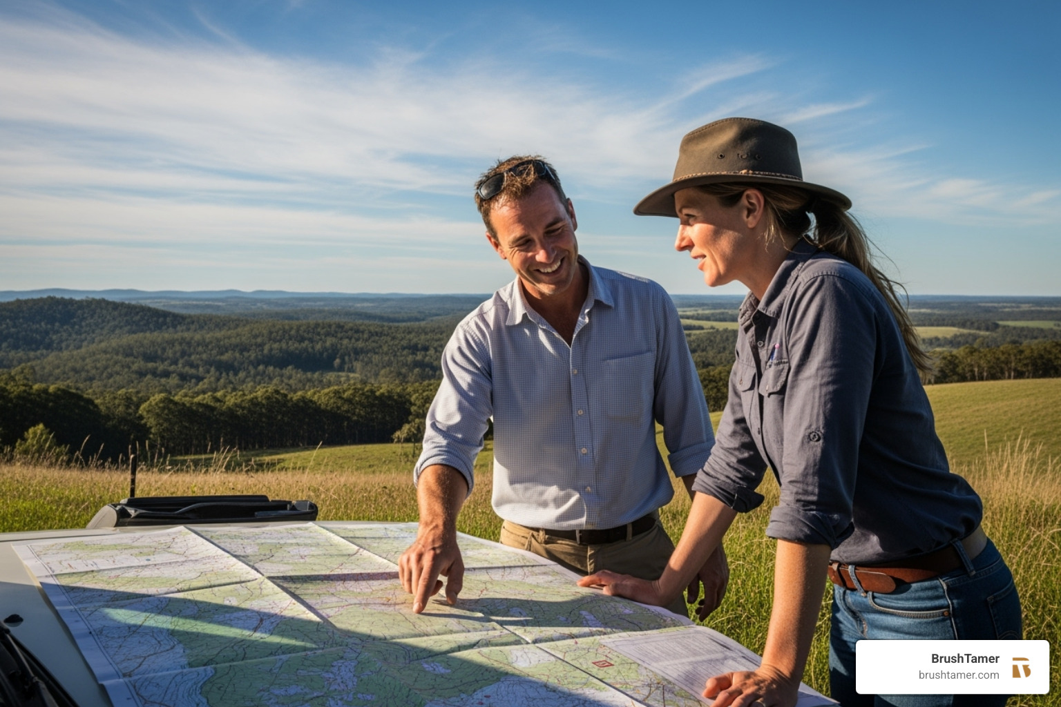 A consultant pointing to a map with a landowner, discussing vegetation management plans - vegetation management solutions A consultant pointing to a map with a landowner, discussing vegetation management plans - vegetation management solutions
