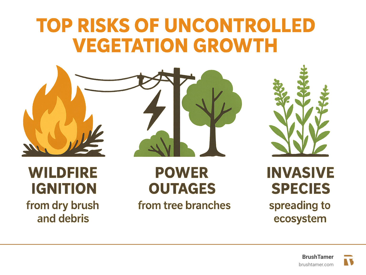 Infographic showing the top 3 risks of uncontrolled vegetation growth: wildfire ignition from dry brush and debris contact with power lines, power outages from tree branches interfering with electrical infrastructure, and invasive species spread that damages native ecosystems and property values - vegetation management solutions infographic  Infographic showing the top 3 risks of uncontrolled vegetation growth: wildfire ignition from dry brush and debris contact with power lines, power outages from tree branches interfering with electrical infrastructure, and invasive species spread that damages native ecosystems and property values - vegetation management solutions infographic
