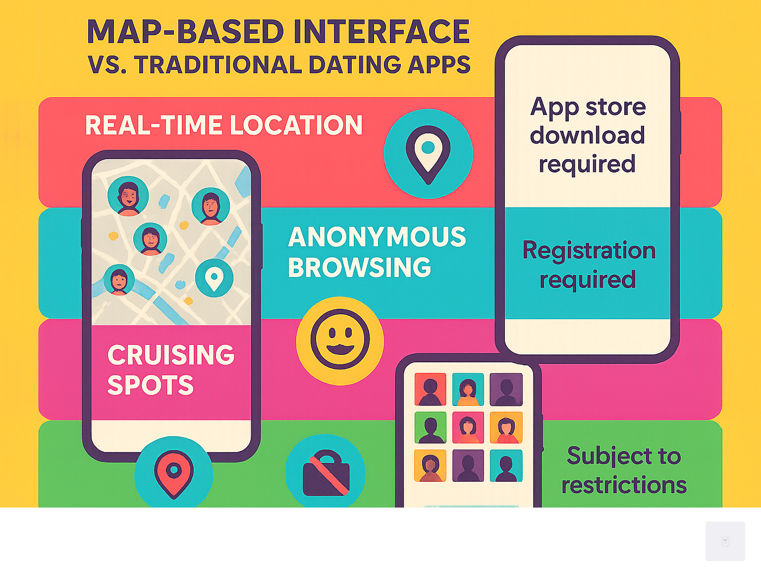 Infographic showing Sniffies' map-based interface compared to traditional grid-based dating apps, highlighting real-time location features, anonymous browsing options, cruising spot integration, and the platform's browser-based accessibility versus app store restrictions - sniffies infographic 