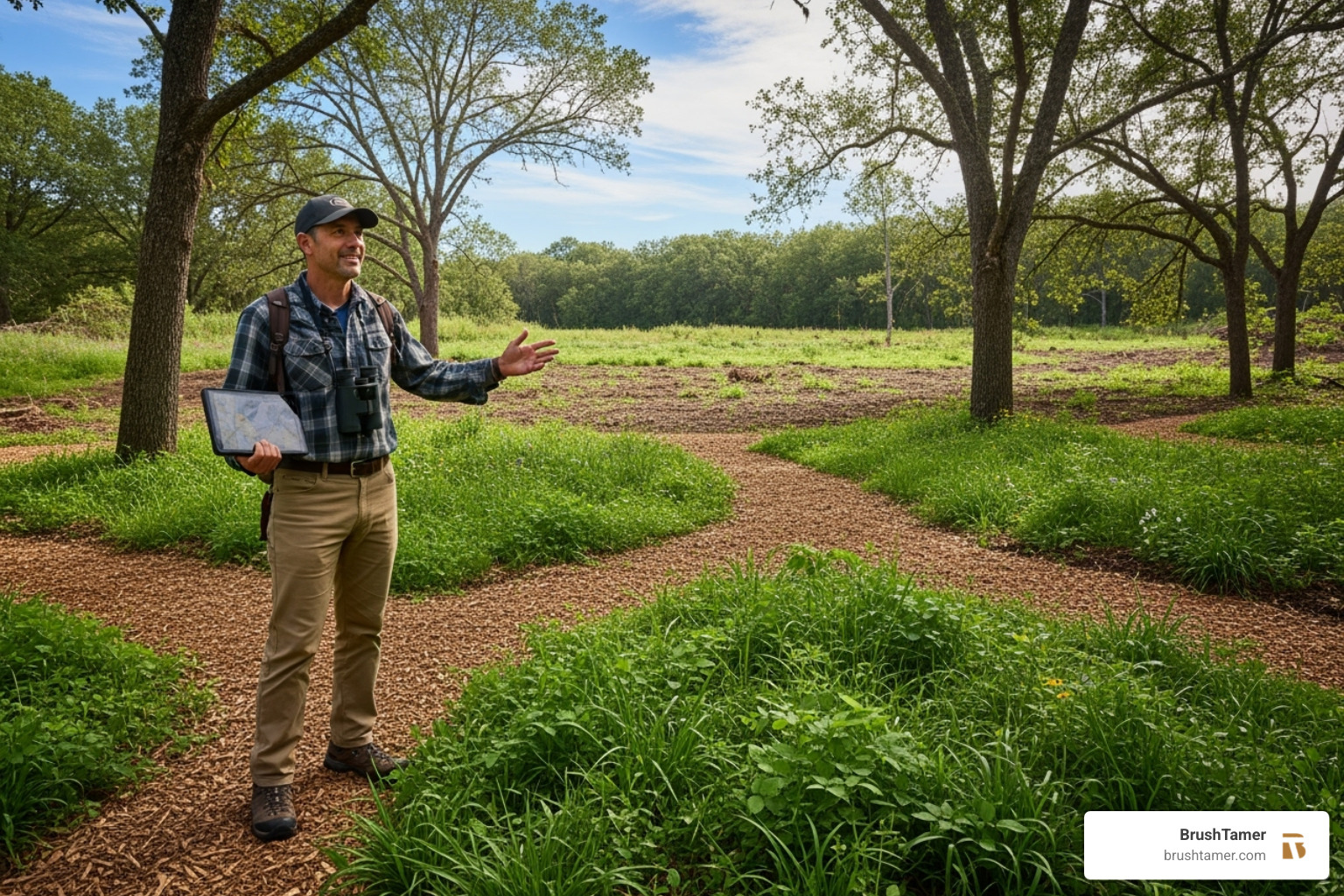 A professional land manager inspecting a revitalized area of land after clearing work, showing clear paths and healthy undergrowth - professional land management A professional land manager inspecting a revitalized area of land after clearing work, showing clear paths and healthy undergrowth - professional land management