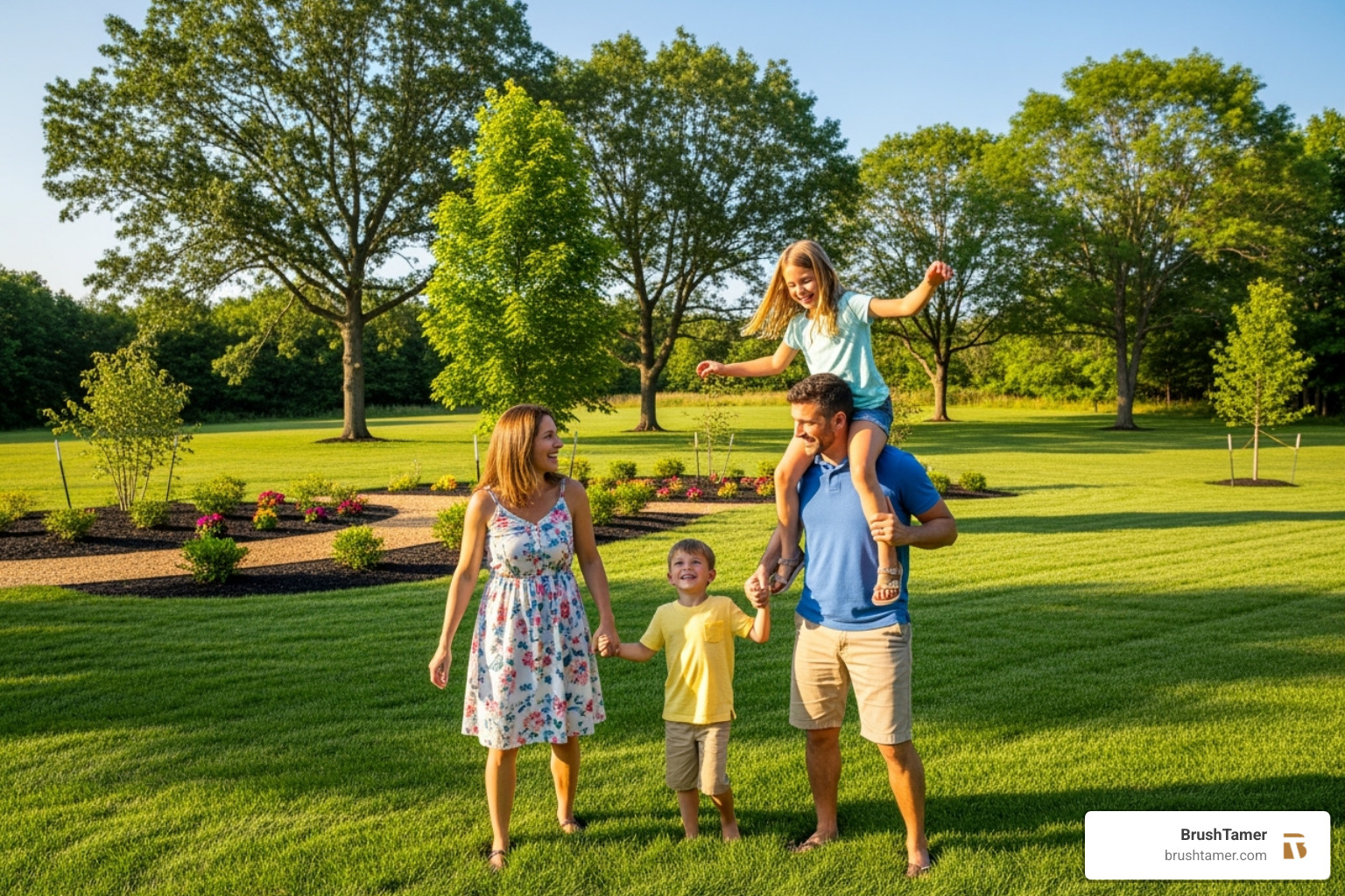 A happy family enjoying their newly cleared and managed property, showing open spaces and a healthy environment - professional land management A happy family enjoying their newly cleared and managed property, showing open spaces and a healthy environment - professional land management