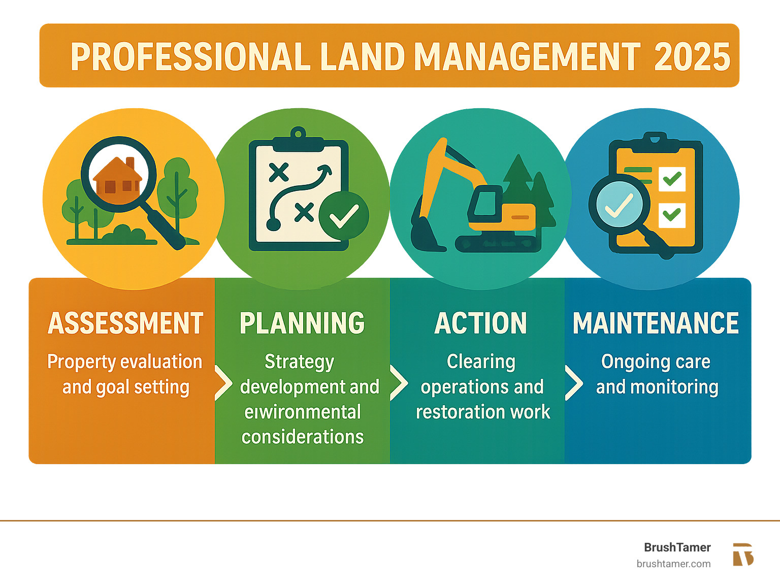 Infographic showing the four pillars of professional land management: Assessment phase with property evaluation and goal setting, Planning phase with strategy development and environmental considerations, Action phase with clearing operations and restoration work, and Maintenance phase with ongoing care and monitoring - professional land management infographic  Infographic showing the four pillars of professional land management: Assessment phase with property evaluation and goal setting, Planning phase with strategy development and environmental considerations, Action phase with clearing operations and restoration work, and Maintenance phase with ongoing care and monitoring - professional land management infographic
