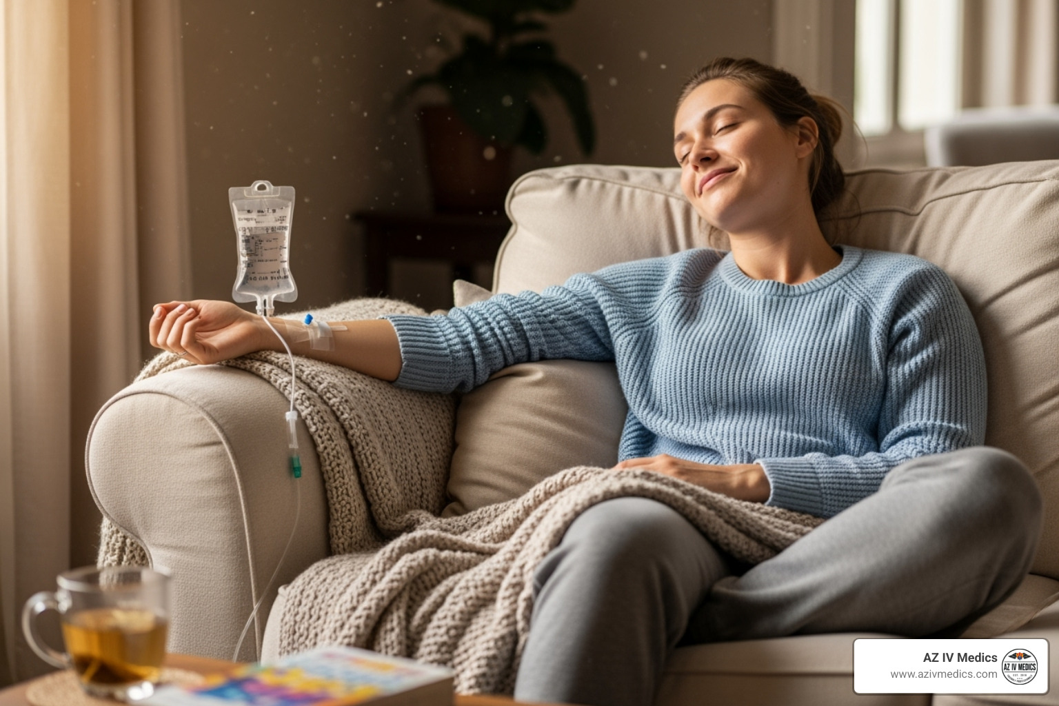 Happy, re-energized person relaxing after receiving mobile IV therapy - iv hydration
