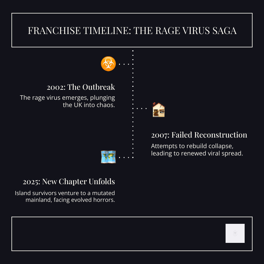 Infographic showing the timeline of the 28 Days Later franchise: 2002 - 28 Days Later (original outbreak), 2007 - 28 Weeks Later (failed reconstruction), 2025 - 28 Years Later (survivors on island, mainland exploration reveals mutated horrors) - 28 years later infographic infographic-line-3-steps-dark