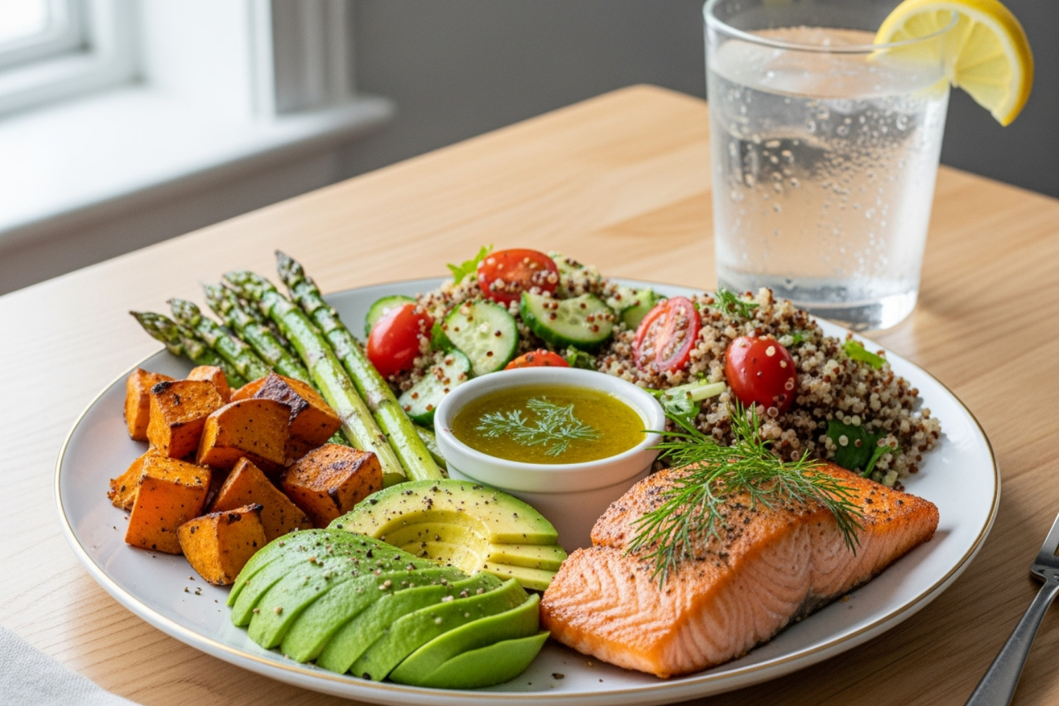 A beautifully arranged plate of colorful, healthy food next to a glass of water. - mental wellbeing