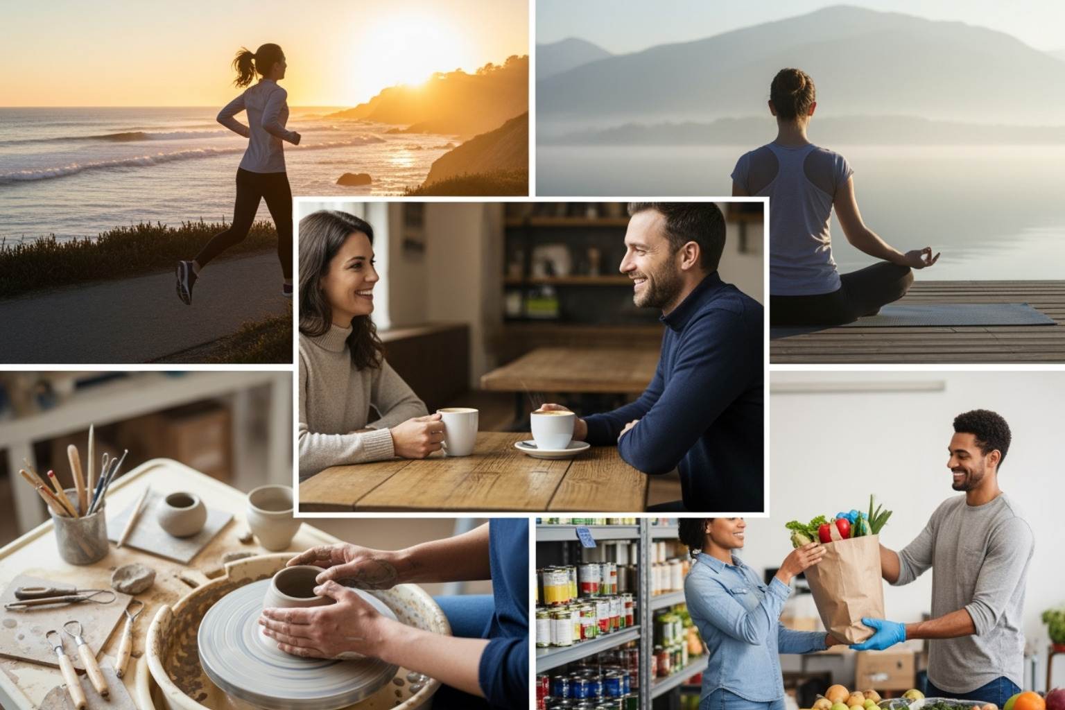 A collage showing five distinct activities: people chatting over coffee, a person jogging, someone meditating, a person in a pottery class, and someone volunteering. - mental wellbeing