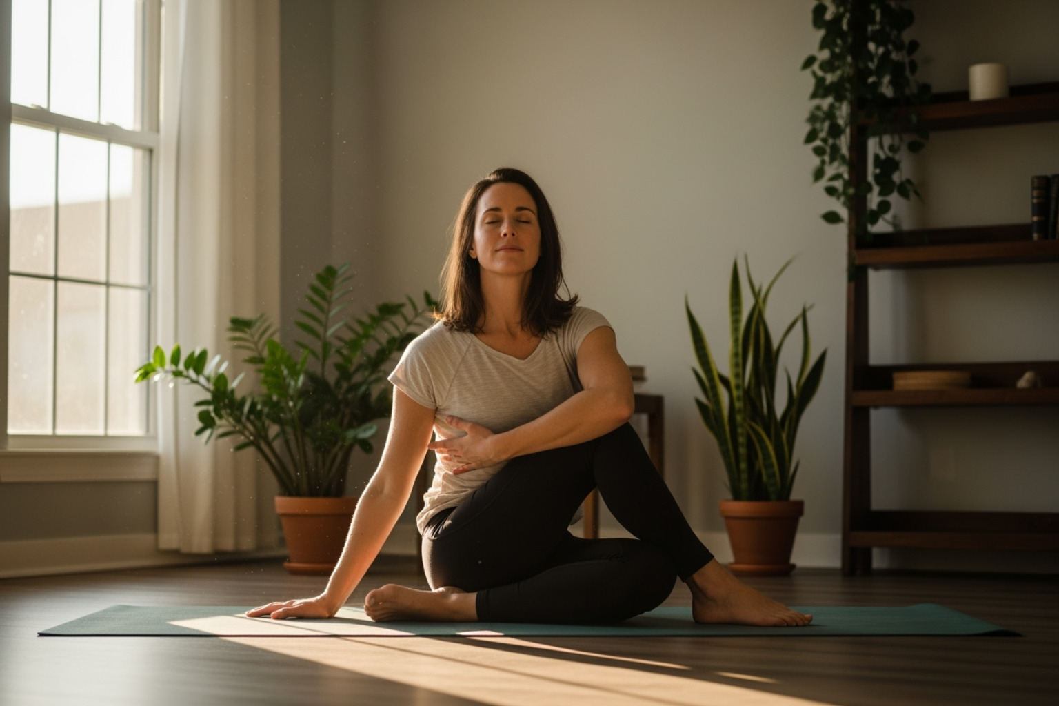 A woman doing yoga on a mat in her living room with sunlight streaming in. - mental wellbeing