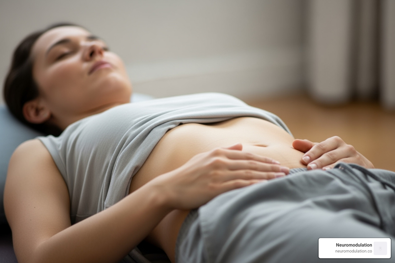 Person illustrating deep, diaphragmatic breathing - vegas nerve