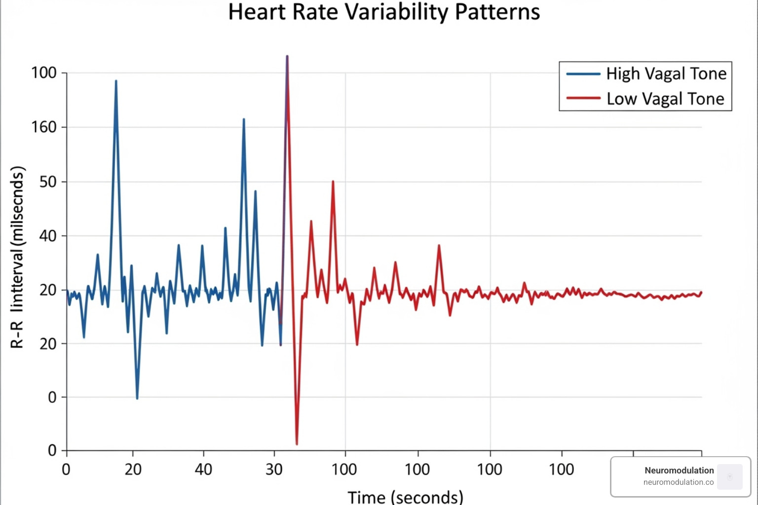 Heart rate variability (HRV) graph showing high and low vagal tone patterns - vegas nerve