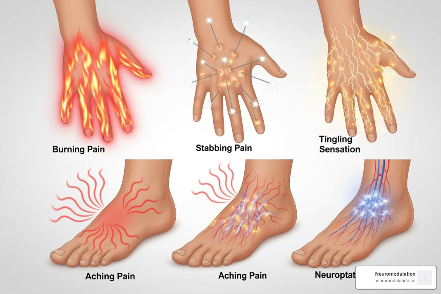 illustration of different types of pain sensations (burning, stabbing, tingling) felt in the feet and hands - Peripheral neuropathy symptoms