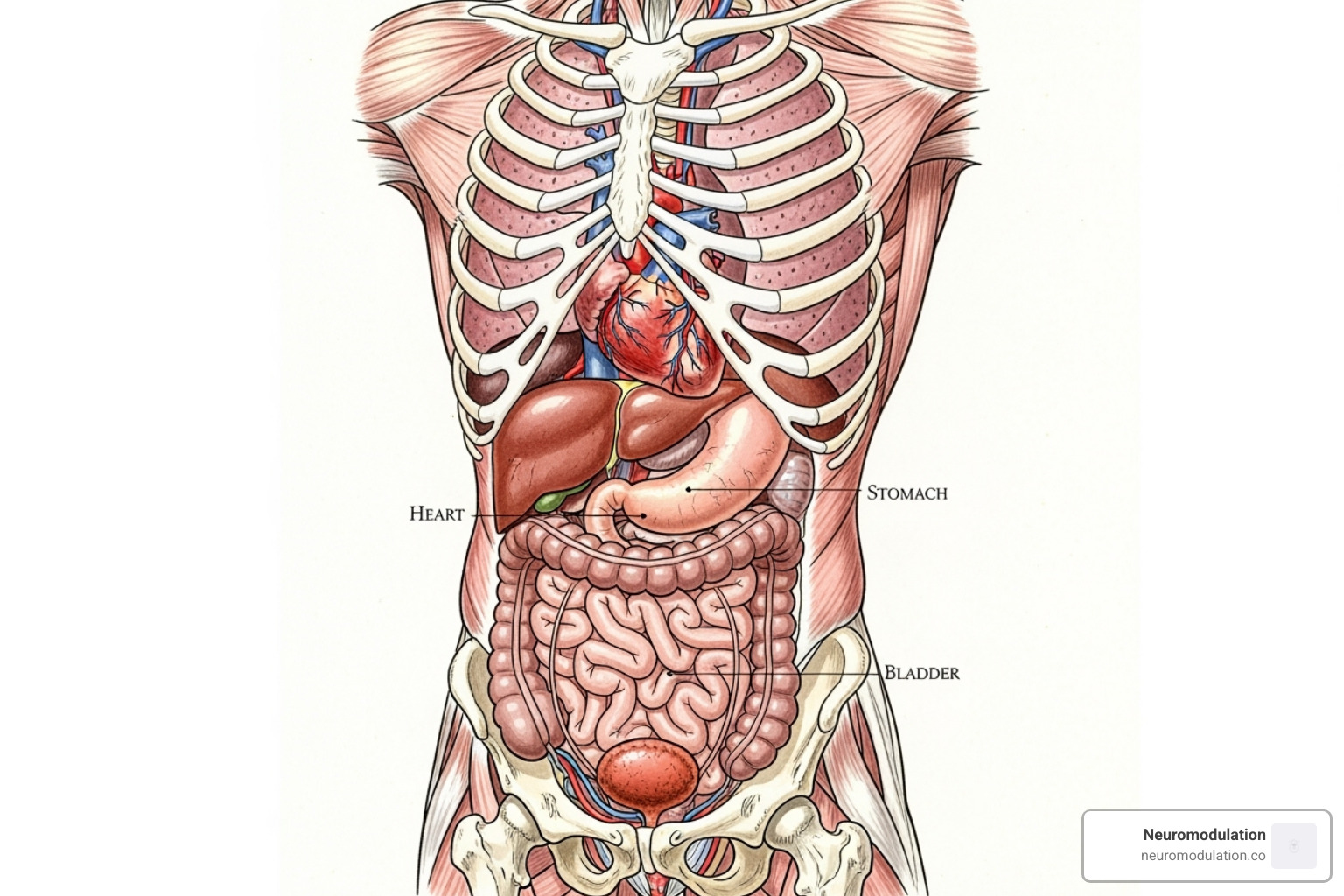 diagram showing organs affected by autonomic neuropathy including the heart, bladder, and stomach - Peripheral neuropathy symptoms
