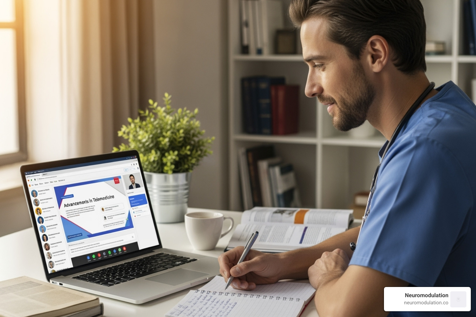 a healthcare professional attending a webinar on a laptop - Anesthesiology CME Courses