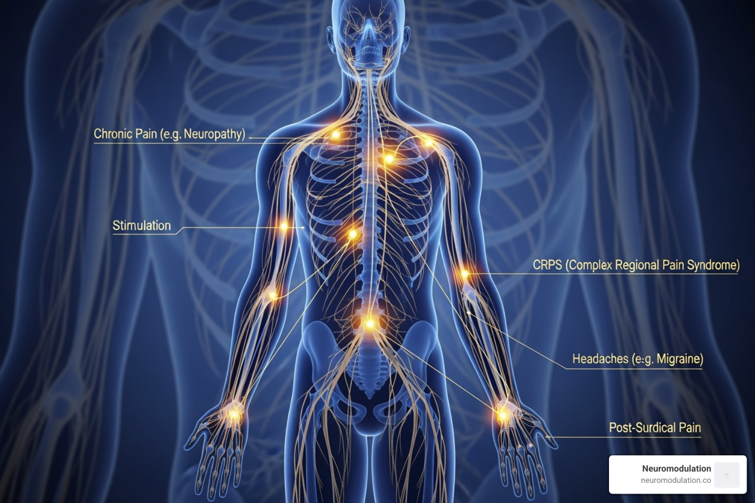 Illustration showing the Gate Control Theory of Pain, with a gate in the spinal cord being closed by large fiber input, blocking pain signals from reaching the brain - peripheral nerve stimulation indications