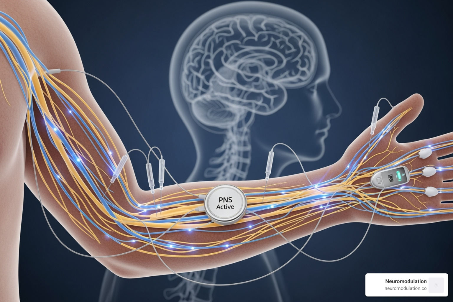 Diagram illustrating common peripheral nerve targets for stimulation, including occipital, ulnar, radial, median, femoral, sciatic, and tibial nerves - peripheral nerve stimulation indications