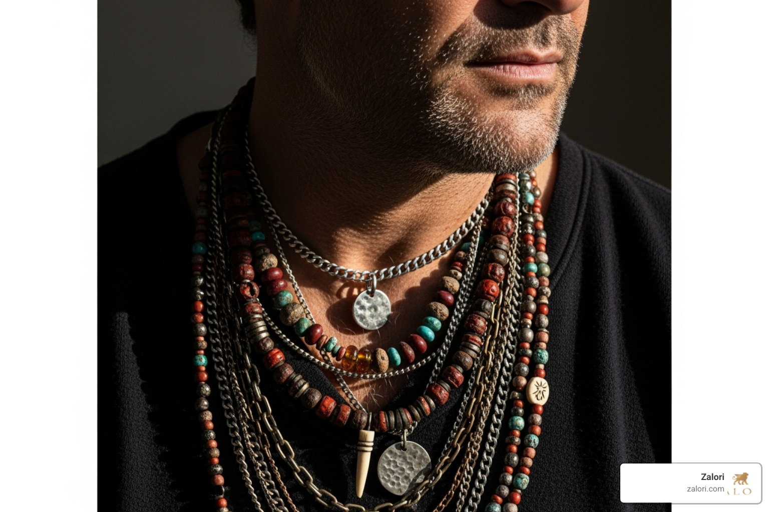 man wearing layered beaded and metal chain - luxury mens chain man wearing layered beaded and metal chain - luxury mens chain