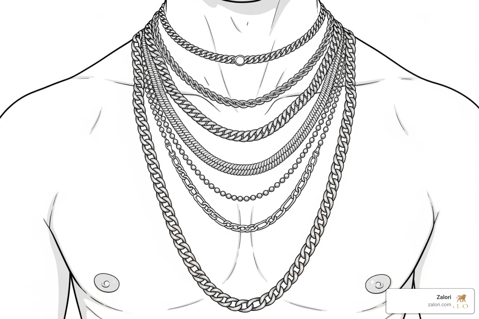 Diagram showing where different chain lengths fall on a man's torso - buy mens silver chain