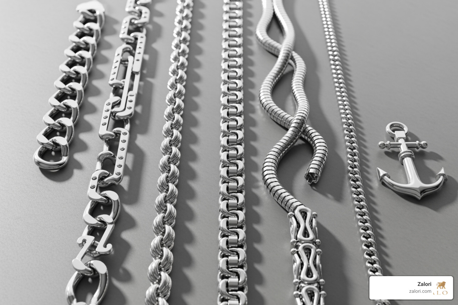 Various silver chain styles laid out, clearly labeled: Curb, Figaro, Rope, Box, Snake, Byzantine, Anchor - buy mens silver chain