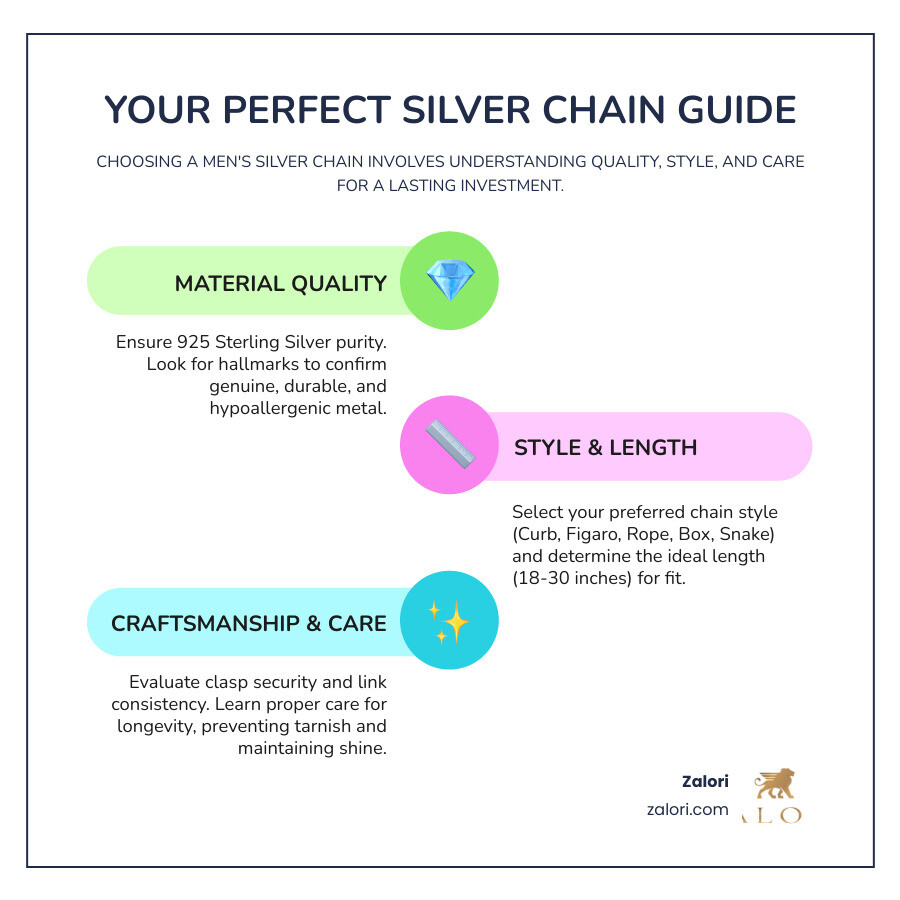 Infographic showing 5 key steps to choosing the perfect men's silver chain: Step 1 - Check Material Quality (Sterling Silver 925), Step 2 - Select Chain Style (Curb, Figaro, Rope, Box, Snake), Step 3 - Determine Proper Length (18-30 inches based on preference), Step 4 - Evaluate Craftsmanship (clasp quality, link consistency), Step 5 - Consider Styling Options (pendants, layering, care requirements) - buy mens silver chain infographic infographic-line-3-steps-colors